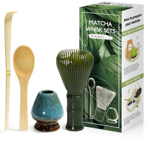 Kit da Cerimonia giapponese Matcha 4 Pezzi, Frusta Matcha Verde in Resinoso, Cucchiaio in Bambù, Paletta in Bambù, Porta Frullino, Matcha Set per la bevanda - Blu sogno