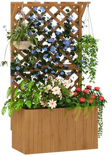 Outsunny Hochbeet Pflanzkasten mit Rankgitter Dach Spalier Pflanzkübel Blumenkasten Holz, Gartenspalier 64 x 33 x 122cm für Garten Balkon Terrasse, Blumenkübel für Kletterpflanzen Korbpflanzen, Blumen
