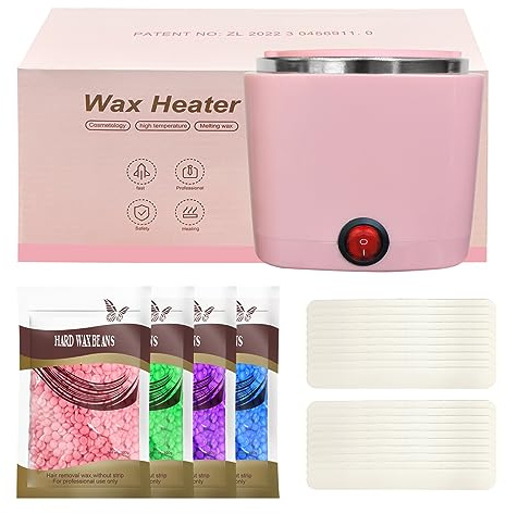 Mini calentador de cera depilatoria, maquina cera caliente depilación con recipiente de silicona de 200ml, Kit completo de 4 bolsas de perla de Cera, 20 Espátulas (rosa, cuadrado)