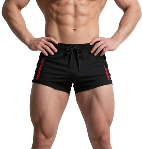 Muhshoiy Bañador Hombre Corto Bañadores de Surf Natación Playa Corriendo Pantalones Cortos Deportivos Running Shorts con Bolsillo y Cordón Forro de algodón Negro M
