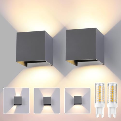 wisdom line Applique da Esterno/Interno 2 Pezzi, Lampada Parete LED 9W 3000K Bianco Freddo, IP65, G9 Incluse, Grigio Scuro, Moderna per Giardino, Terrazzo, Ingresso