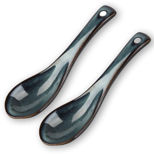 2 PCS Cuillères À Soupe Japonaises Bleues En Céramiqeue, Cuillères À Soupe Japonaises Et Chinoises Rétro En Porcelaine, Cuillère À Soupe Chinoise En Porcelaine Bleu Pour Ramen Et Soupe Miso