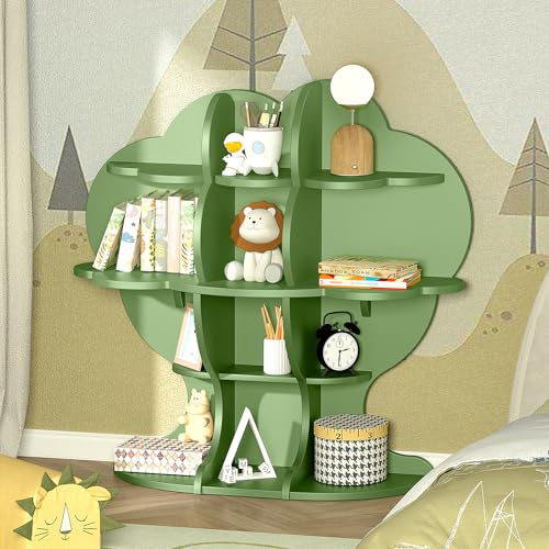 Hironpal Kids Tree Bookshelf Toddler Bookcase Children Green Book Shelf Toy Storage Organizer Forest Wood Display Rack for Nursery Playroom Bedroom Classroom Boy Girl’s Gift (Green)
