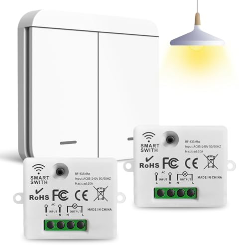 Funk Lichtschalter - 230V Funklichtschalter Set ohne Stromverlegung, mit Empfänger – Funklichtschalter für Lichtsteuerung in Badezimmer, Schlafzimmer, und Außenbereich (2 Empfänger mit 1 Schalter)