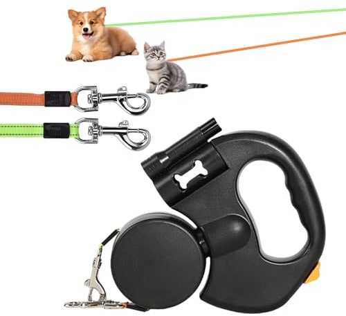 Indragbara hundkoppel, 300 cm hundkoppel med rulllina, dubbelhuvuden, hundkoppel, 360° roterbart koppel, infällbart, halkfritt handtag, för små och medelstora hundar (svart)