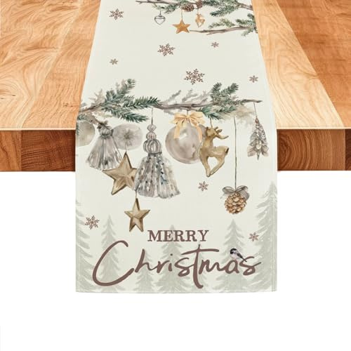 Chemin de Table de Noël Blanc 33x183cm Lavable Milieu de Table Noel Tissu Chemin de Table sur Le Thème de l'hiver Convient pour La Décoration d'Armoires et de Tables à Manger (Branche de Sapin)