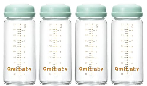 Qmibaby Glass Breastmilk Storage Bottles 300ml 10oz BPA-Free Leak-Proof Natural Baby Bottle for Breastmilk Storage Wide Neck Bottles with Screw Ring Sealing Disk Breastfeeding (Green-4Pcs)