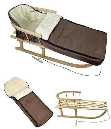 KOMBI-ANGEBOT Holz-Schlitten mit Rückenlehne & Zugseil + universaler Winterfußsack (108cm), auch geeignet für Babyschale, Kinderwagen, Buggy, aus Wolle UNI braun