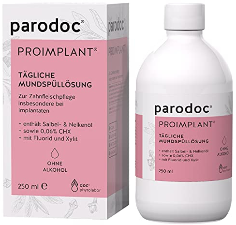 doc phytolabor parodoc PROIMPLANT 250ml |﻿﻿ tägliche Mundspüllösung - Zahnfleischpflege Implantate | Salbei Öl - Nelken Öl - mit Fluorid - Xylit - ohne Alkohol