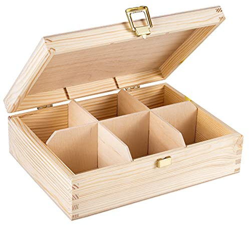 Creative Deco Unpainted Wooden Tea Box Storage with Lid | 6 Compartments | 21x16x7cm | Natural Wood | Luxury Compartment Organiser Keepsake Caddy Chest Christmas Xmas | Chocolate Coffee | Gift Box