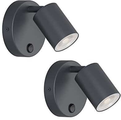 Klighten 2 Stück Wandleuchte Innen, 350° Wandlampe Drehbar, Wandleuchten Anthrazit GU10, mit Taste Aluminium Wandspot, für Wohnzimmer Schlafzimmer Küche Treppe, Ohne Leuchtmittel