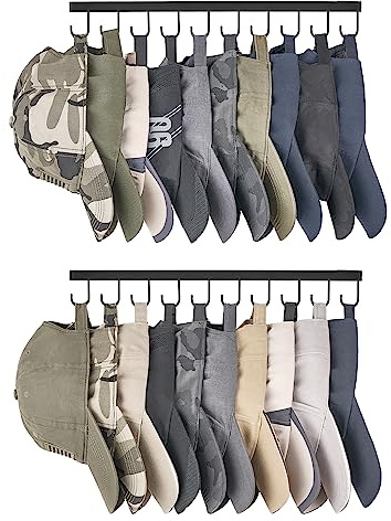 Mkono Hat Rack Wall Mount Set of 2 Hat Storage Organizer for 20 Baseball Caps, Modern Metal Closet Hat Hooks for Wall, Ball Caps Holder Organizer for Bedroom Entryroom Closet Organization, Black