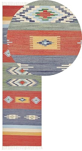 Beliani Tappeto Kilim in cotone tessuto a mano reversibile con motivi geometrici e nappe multicolore 80 x 300 cm