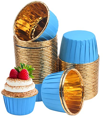 Volumoon 50 Pezzi Pirottini da Forno e Getta in Alluminio,Stampi per Muffin con Foglio di Alluminio,Pirottini per Cupcake in Carta Antiaderente,Adatti per Feste di Compleanno (Blu)