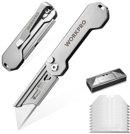 WORKPRO 2PCS EDC Folding Utility Knife, Mini Box Cutter with Quick Open Axis Lock, Quick Change Blade Razor Knife, Foldable Small Pocket Knife with Belt Clip, 2 Packs with 10 Extra Blades