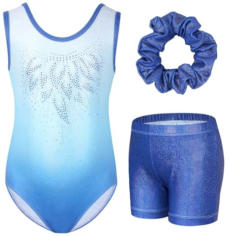 Gogokids Girls' Three-Piece Gymnastics Set, Sleeveless Leotards with Shorts and Hairband, Sparkling Ballet Dancing Unitards - Gymnastics Outfit with Gradient Color Design for 8-9 Years
