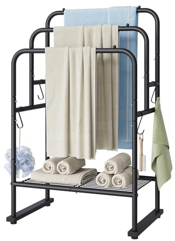 ELYKEN 40'' Tall Standing Towel Racks, 3 Tier Towel Drying Rack Outdoor, Pool Towel Stand Blanket Holder with Shelf & 4 Removable Hooks, Metal Freestanding Towel Racks for Bathroom, Matte Black