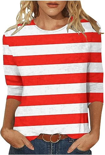 Womens 3/4 Sleeve Striped T Shirt Crew Neck Shirt Casual Loose Blouse Three Quarter Sleeves Tops for Ladies Plus Size 20 Summer Tee Dressy Going Out Casual Party Office Top Fall Fashion Red