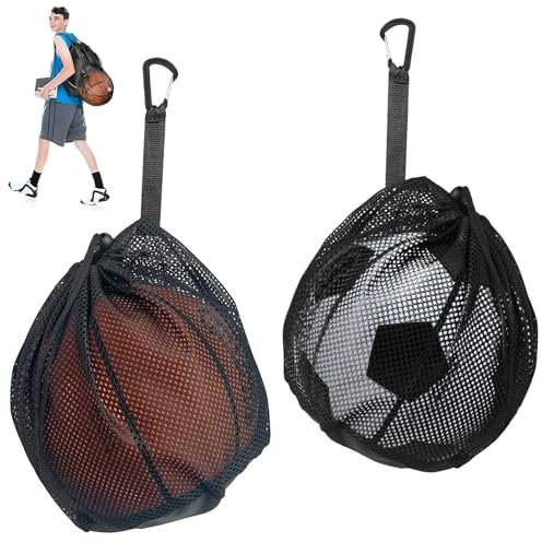 Fhioevt 2 Stück Ballsack Ballnetz 1 Ball Balltasche Basketball Netztasche mit Schnallenclip Tragbare FußBallnetz Basketball Bag mit Kordelzug für Fußball Tennis Volleybällen Kinder Erwachsene