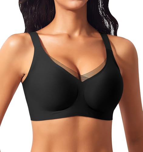 Ganado Damen BH Nahtloser Glatter BH Ohne Bügel Spitze Tiefem V-Ausschnitt Bügelloser BHS Weicher Bequemer BHS mit zusätzlicher Verlängerung Soft Bralette Bustier Bra Tshirt (Schwarz, M)