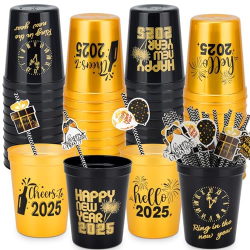 Ainibar 24 Stück Partybecher Happy New Year, 473 ml, Stadionbecher und 24 Stück Einweg-Trinkhalme, perfekt für Silvester-Partyzubehör 2025