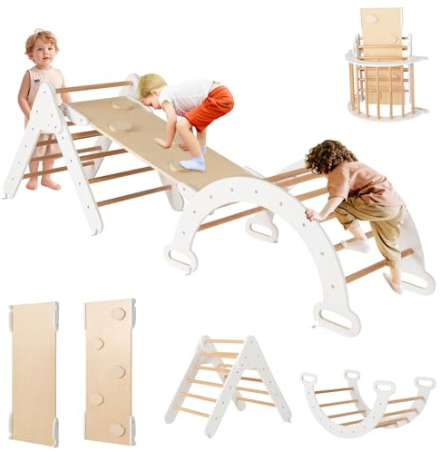 RELAX4LIFE 5 en 1 Triángulo de Escalada para Niños con Tobogán, Arco de Escalada, Escalera, Rampa Reversible, Juguetes Montessori de Madera de Haya para Niños de 1+ Años (Blanco)
