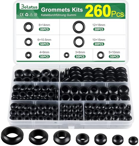 260 Stück Kabeldurchführung Gummi, Bolatus Durchgangstüllen 7 Größen Gummitüllen Set, Kabeltülle Gummistopfen für Elektroinstallation, Kabelkanal, Kabelschutz, Schwarz