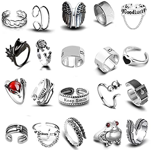 Nybhyjka Anillos punk antiguos, Juego de 20 anillos de nudillos de plata vintage para mujeres y hombres, Cool Gothic Open Ring Pack, Chunky Stackable Knuckle Finger Rings Bulk