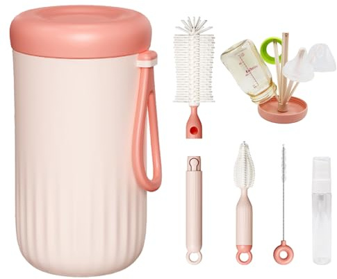 PANZHIHUIDA Babyflaschen Bürsten Set Schnelltrocknend mit Trockengestell, Aus Silikon - Für Flaschen, Sauger, Strohhalme, Reisefertig, Pink, Travel Baby Bottle Brush