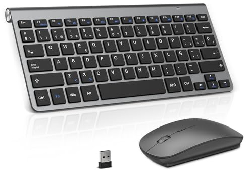 PINKCAT Teclado y ratón inalámbricos, 2.4G Set de Teclado Ultrafino y ratón ergonómico silencioso con 12 accesos directos Multimedia para Ordenador, PC, Tableta, Ordenador de sobremesa (Gris Oscuro)