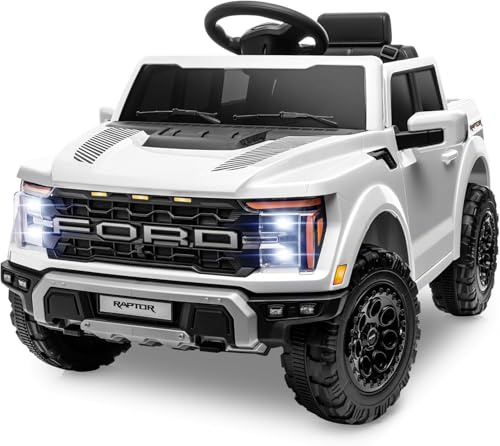 Ford F150 Raptor 12V Auto Elettrica per Bambini con Telecomando – Pick-Up Fuoristrada con Luci LED, Bluetooth e Ammortizzatori – Carico Max 30 kg (Bianco)
