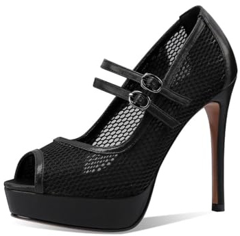 Veelau Meieer Peeptoe Mary Jane Escarpins à talon aiguille en maille à talons hauts avec boucles à lanières, Noir , 38 EU