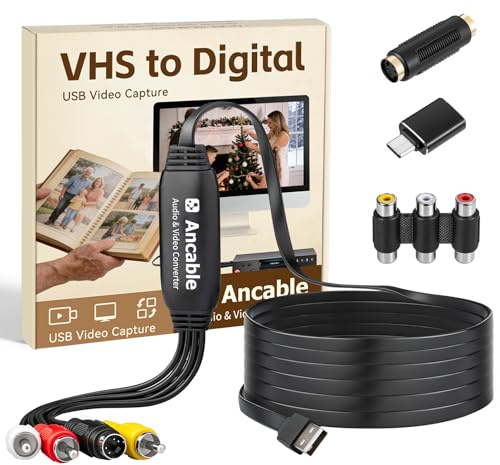 Convertidor VHS a digital, tarjeta de captura de video para Mac/Windows, conserva viejos recuerdos familiares de VCR VHS Hi8 MiniDV, USB 2.0 RCA a USB con adaptador S-Video y USB-C, guía de software