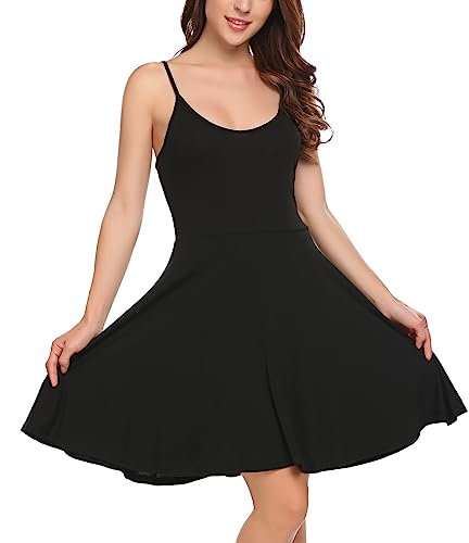 UNibelle Sommerkleid Damen Kurz Trägerkleid Blumenmuster Kleid V-Ausschnitt Strandkleid Verstellbaren Spaghettiträger Rüschen Kleider Pures Schwarz S