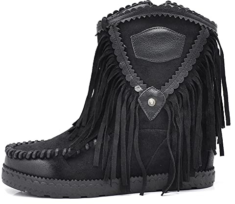 IF Fashion Scarpe Stivali Stivaletti Indianini da Donna Zeppa Interna Frange Fibbia 1927 Nero N.38