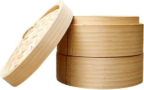 Vaporiera in bambù Tradizionale 12 Pollici Cestini Fatti a Mano a 2 Livelli Cestello for Cottura a Vapore in bambù for Gnocchi Dim Sum Bun Steamer 100% bambù Naturale