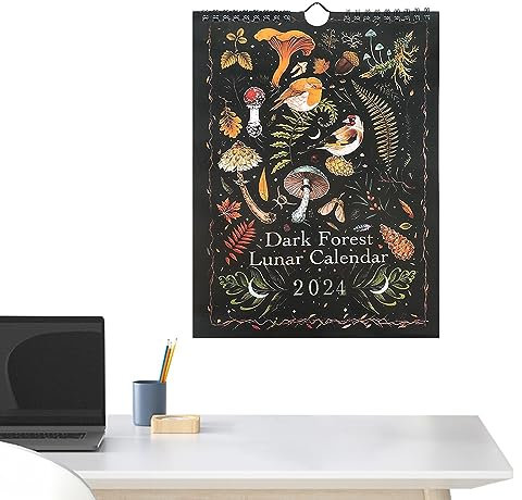 Calendario lunare 2024 della foresta scura | Calendario da parete della foresta scura | Calendari colorati con inchiostro ad acqua con 12 illustrazioni | Calendario artistico natalizio impermeabile