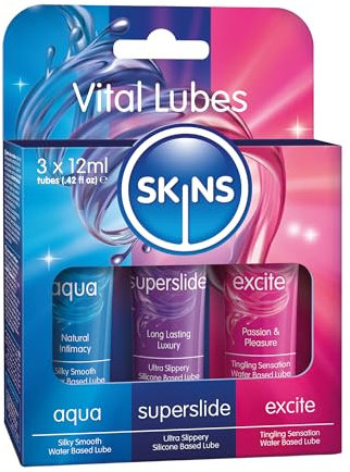SKINS Vital - Ensemble de trois tubes de gel lubrifiant comprenant un lubrifiant à base d'eau, un lubrifiant au silicone, un lubrifiant stimulant - Ensemble de lubrifiants vital