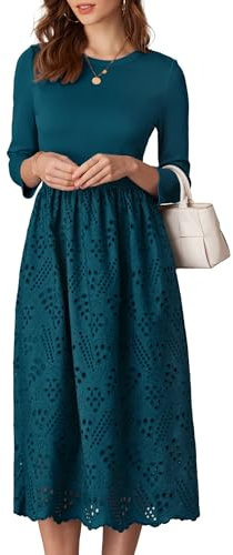 GRACE KARIN Women's Eyelet Embroidered Dress - Casual Fall Flowy Dress with Empire Waist, A-Line Midi 3/4 Sleeve - Dark Teal XXL