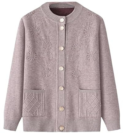 Genérico Cárdigan de Punto para Personas de Mediana Edad Y Mayores, con Forro Polar, Cuello Redondo, Bordado, con Bolsillo, para Madres, Cálido, Abrigo, Chaqueta, Primavera Y Otoño