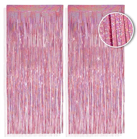 PHENO FLAGS 2 Stück Rosa Lametta Vorhang, 1x2,5m - Glitzernde Silvester-Deko im Funkelnden Metallic-Look, Lametta Girlande für Ihre Party