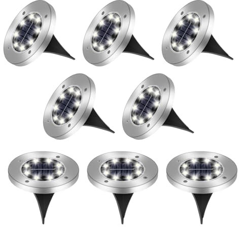 8 Paquetes Luces Solares para el Suelo, 8 LEDs Luz Solar Exterior Jardin, IP65 Impermeable, Luces Solares LED Exterior, para Césped, Terraza, Camino, Escalón, Calzada, Piscina(Blanco Frío)