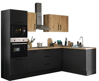 Turin LBM Eckküche 270 x 211 x 60 cm, schwarz - Ohne Küchengeräte - Moderne, geräumige Küche in Artisan-Eiche Optik mit viel Stauraum
