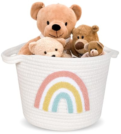 Cesto Portaoggetti in Corda di Cotone, Cesto Intrecciato con Manico, Cestino Portaoggetti Intrecciato Motivo Arcobaleno, Cesta per Trucchi, Cesti per Giocattoli, Cesti Regalo Vuoti