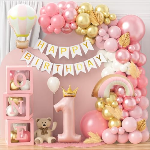Toyssa Geburtstagsdeko 1 Jahr Mädchen Rosa, Deko 1. Geburtstag Mädchen mit Ballonbox Folienballons Happy Birthday Girlande, Luftballon Girlande Rosa für Erster Geburtstag Kinder