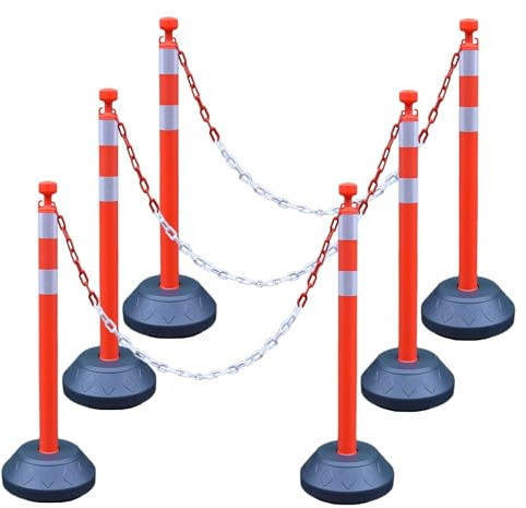 ZincOrange Lot de 6 Poteaux de Guidage 102 cm, Balises de Circulation avec Chaînes en Plastique et Base Remplissable d’Eau pour Parking, Files d’Attente et Gestion de Foule (Rouge et Blanc)