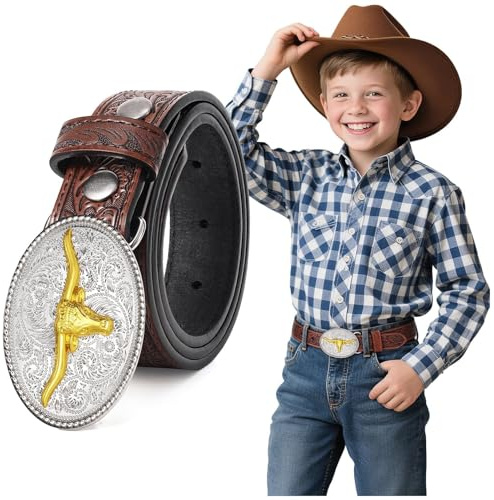 BELTROAD Kids Western Leather Belt for Cowboy Cowgirl Boy Children Age 5-12 | Kid Belt for Jeans, Western Gifts Outfit, Wasit 19-33 inches, Halloween Costume, Country Rock Music, Black