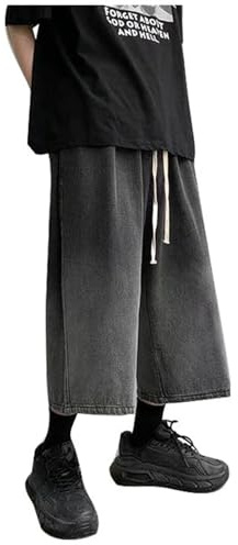 Jeans Pantaloncini da uomo a 3/4, pantaloni corti da baggy jorts Y2K, in denim, per ragazzi Hip Hop, a gamba larga, taglie forti, pantaloni cargo larghi, jeans in cotone, T001 nero, M