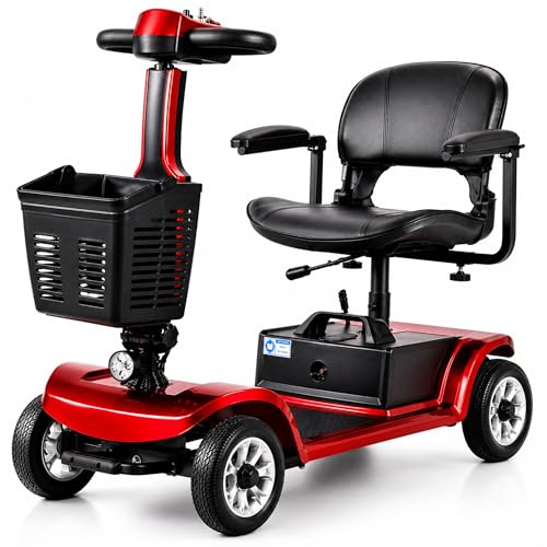 Alifero Scooter di Mobilità a 4 Ruote Pneumatici Antiforatura Veicolo per Persone Con Mobilità Ridotta per Disabili,Capacità di 190 KG Auton. 35 KM Pieghevole Ultracompatto Mobility Scooter (Rosso)