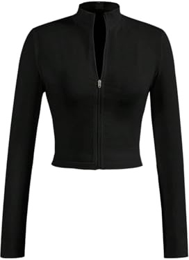 GORGLITTER Löparjacka för kvinnor, tunn, lätt, sommarjacka med dragkedja, Cropped jacka, långärmad, snäv, sportjacka, höstjacka, smal passform jacka, svart, M